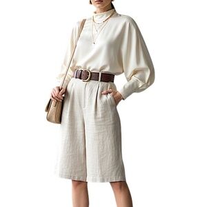 Pure linen beige pleated minimalist old money quiet luxury long knee shorts S